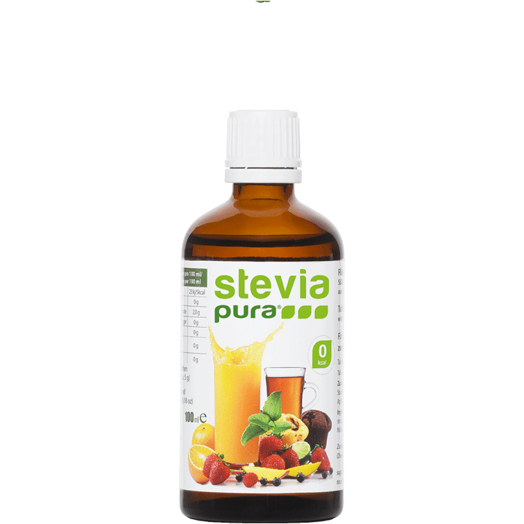 Stevia flüssig mit Blatt und Tropfen